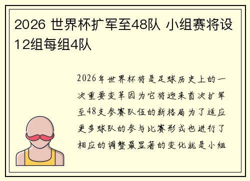 2026 世界杯扩军至48队 小组赛将设12组每组4队